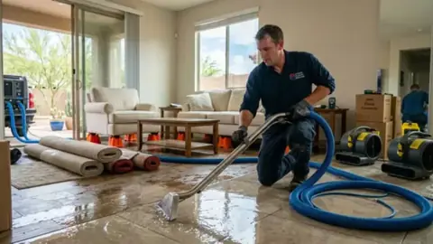Technician extracting water from a living room floor with a hose while air movers run