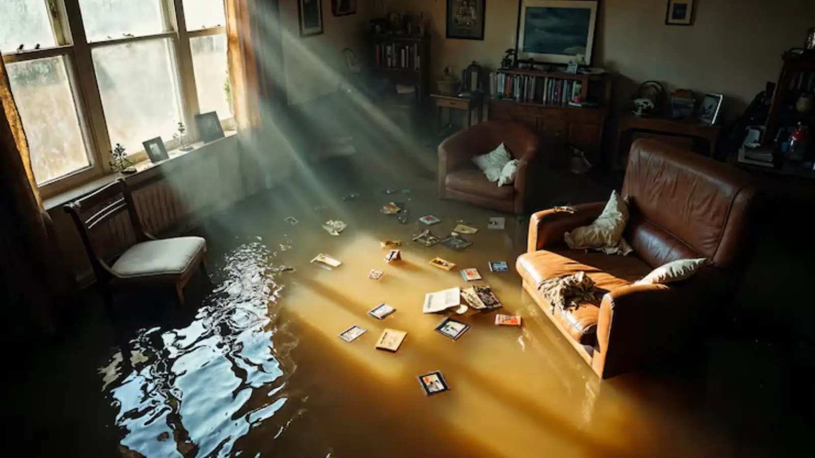 Flooded living room with furniture and belongings standing in water