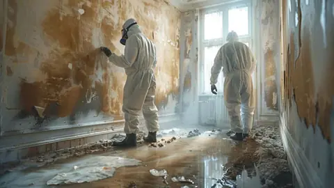 Two workers in protective suits inspecting a room with mold and water-stained walls