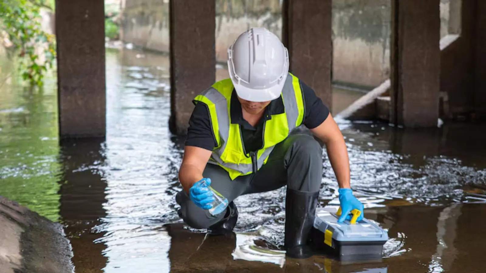 Restoration technician in a hard hat and safety vest kneeling in shallow floodwater inside a building with a handheld meter