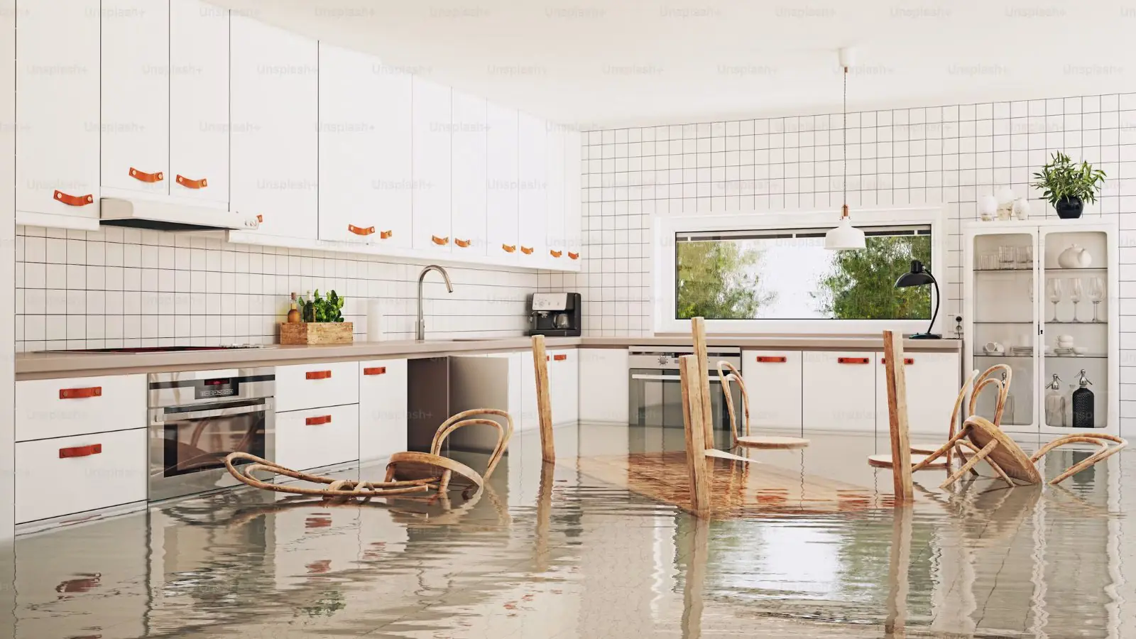 Bright kitchen with shallow water across the floor and chairs standing in it