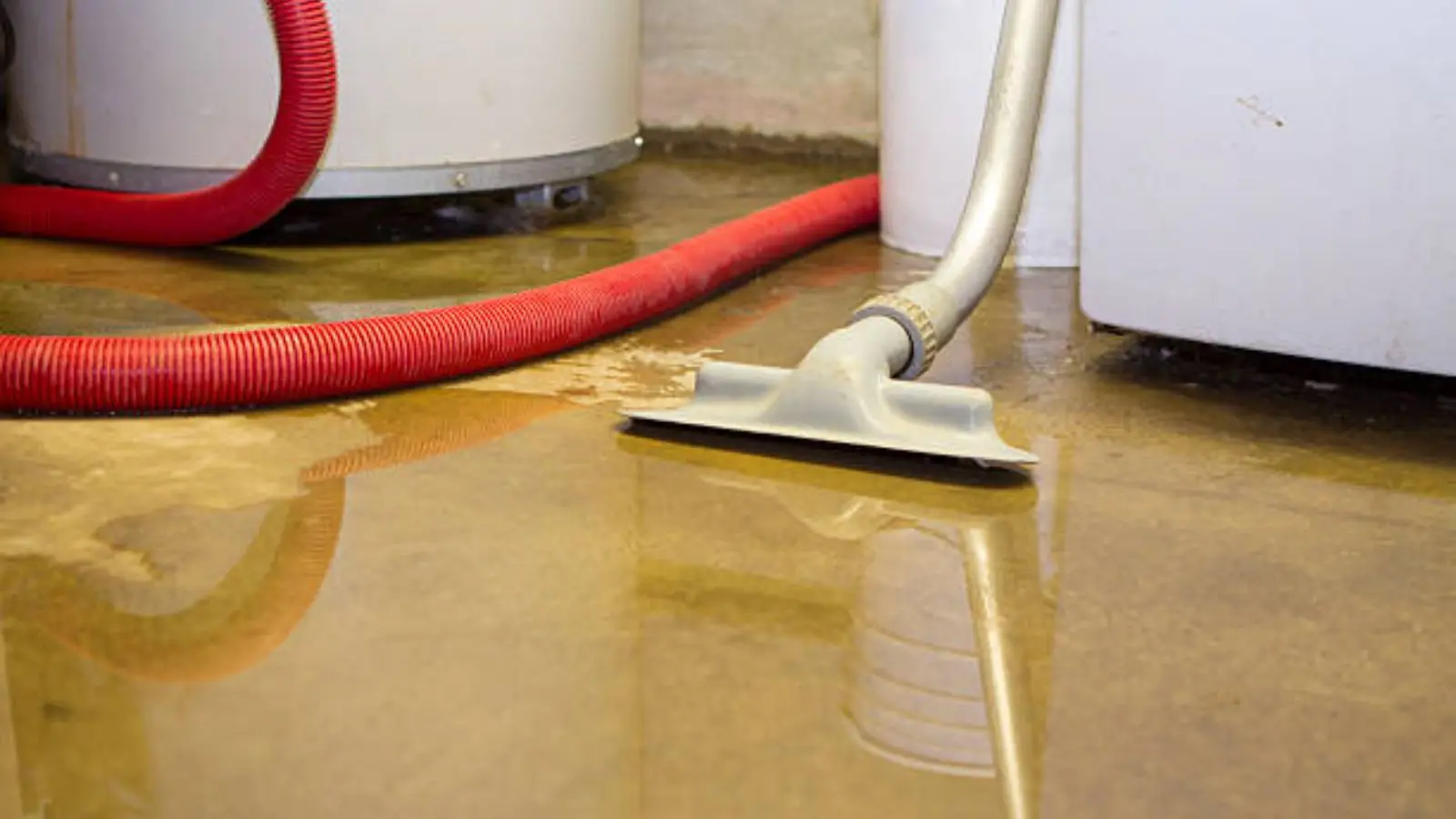 Wet vacuum tool extracting water from a floor beside a water heater