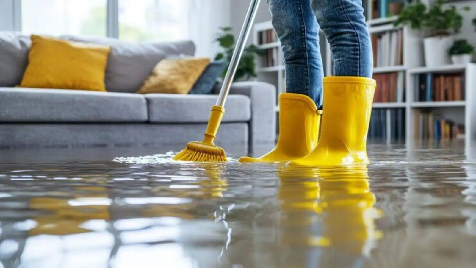 Person in yellow rubber boots sweeping water across a living room floor