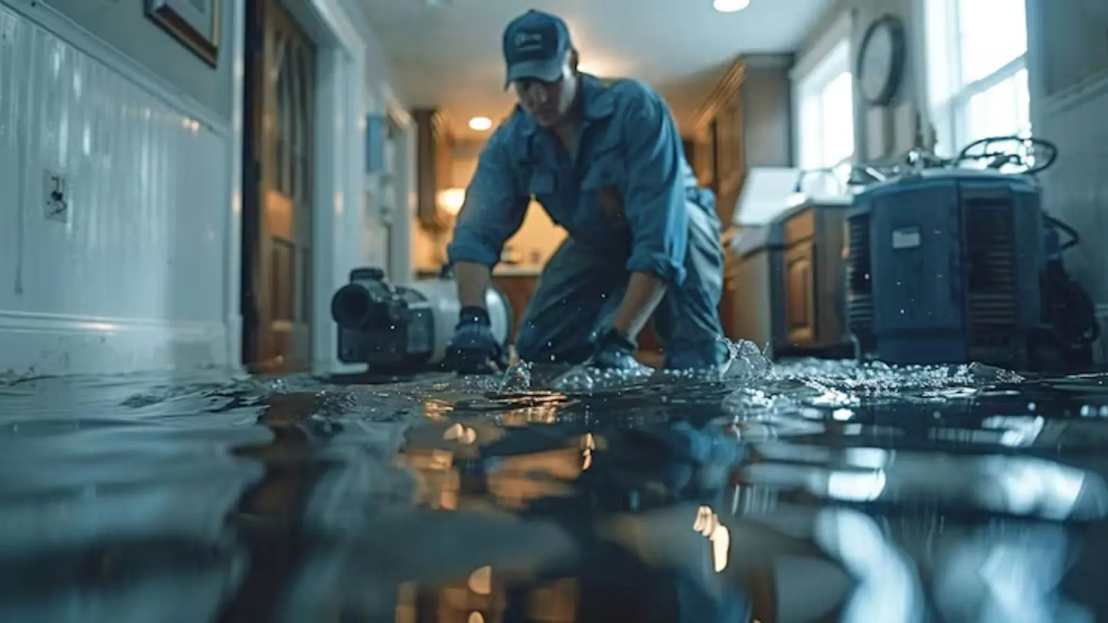 Technician with water extraction equipment working in a flooded kitchen