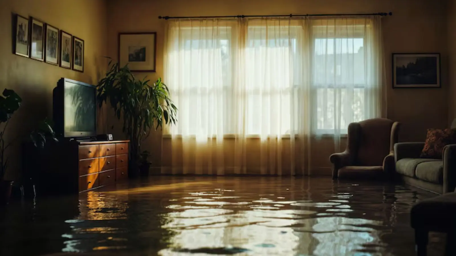 Flooded living room with water across the floor and light through sheer curtains
